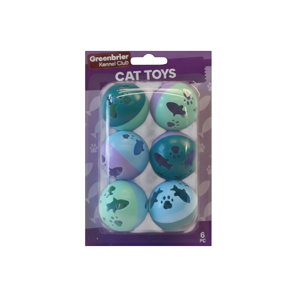 Tap2Own Greenbrier Kennel Club cat toys six-pack in blue, green, and purple with fish and paw print cutouts.