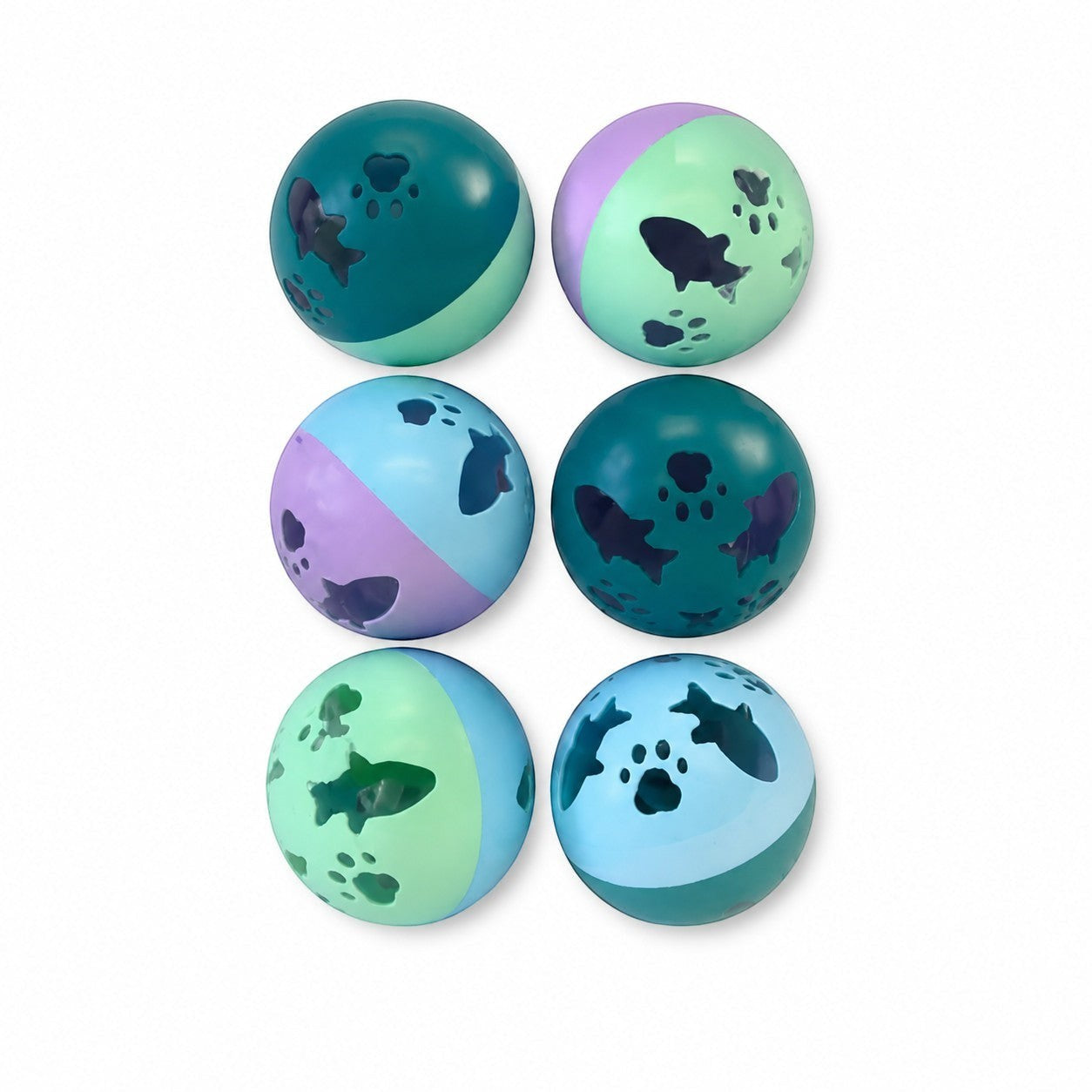 Tap2Own Greenbrier Kennel Club Cat Toys Six Pack - colorful plastic balls with fish and paw print cutouts for indoor play.