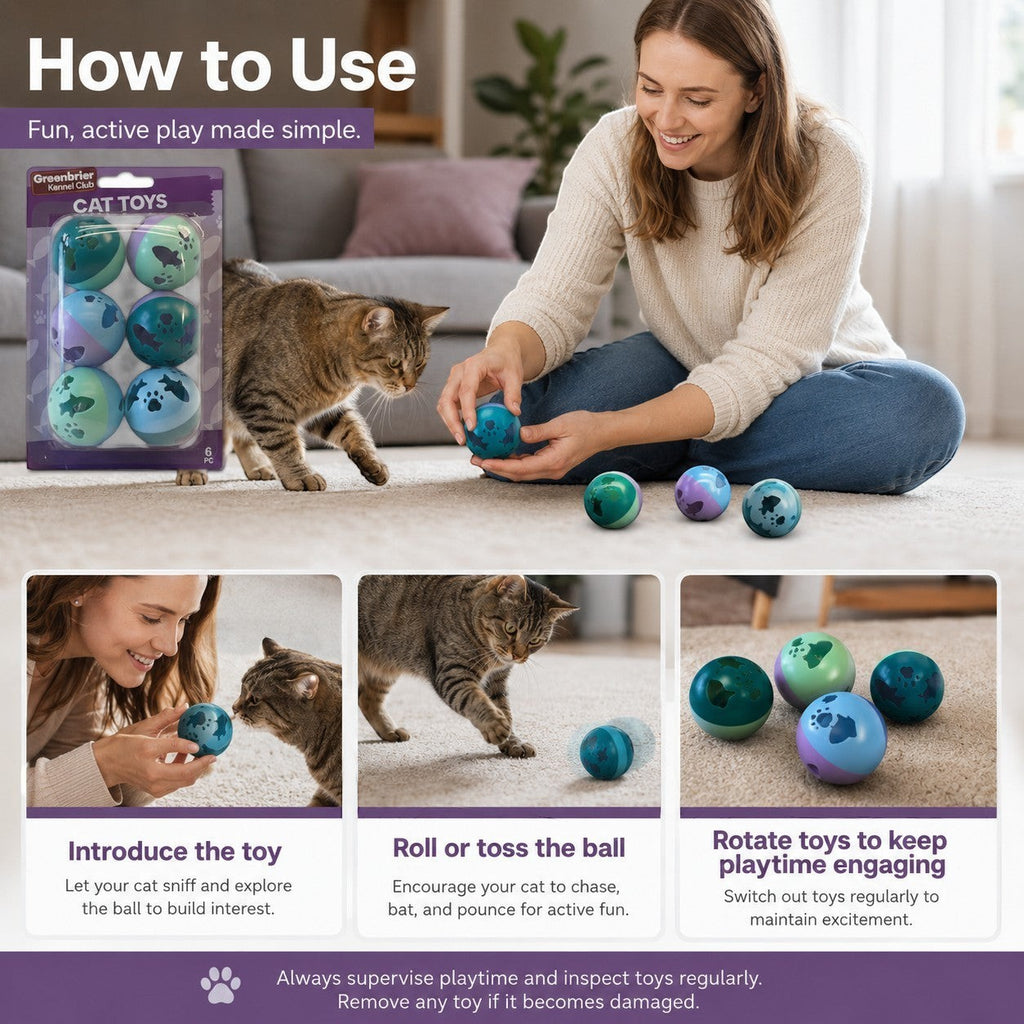 Tap2Own Greenbrier Kennel Club cat toys six pack, colorful plastic balls with fish and paw print cutouts for indoor play.