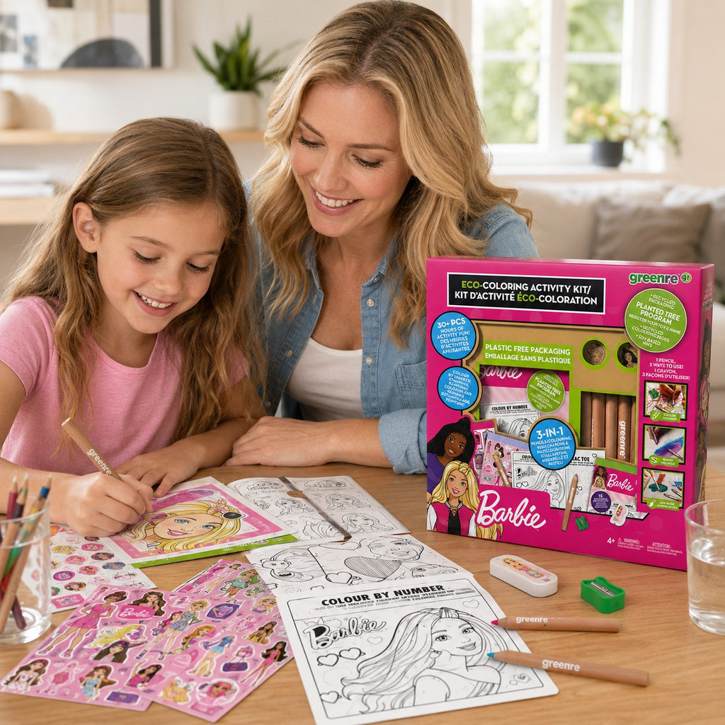 Tap2Own Greenre Barbie Eco-Coloring Activity Kit with 3-in-1 pencils, crayons, watercolors, stickers, and coloring pages.