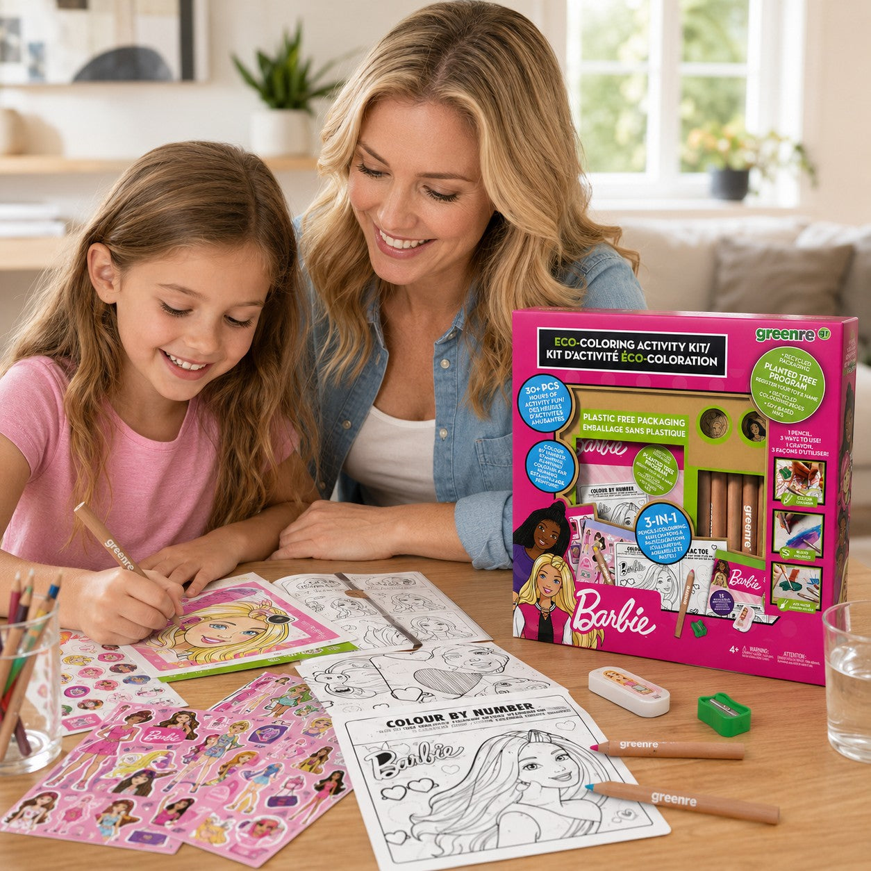 Tap2Own Greenre Barbie Eco-Coloring Activity Kit with 3-in-1 pencils, crayons, watercolors, stickers, and coloring pages.