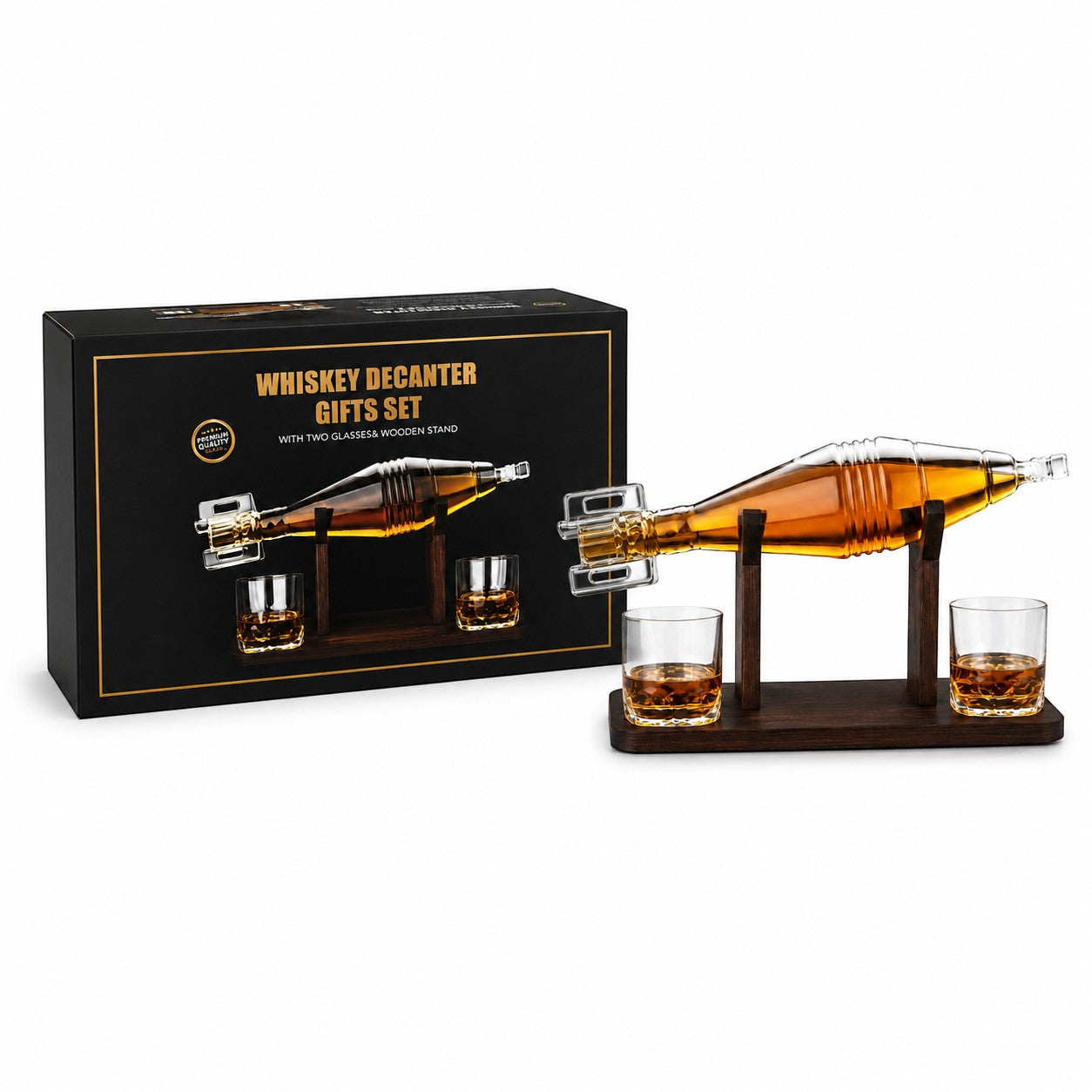 Tap2Own unique grenade-shaped glass whiskey decanter gift set with two glasses and a wooden stand filled with amber liquid.