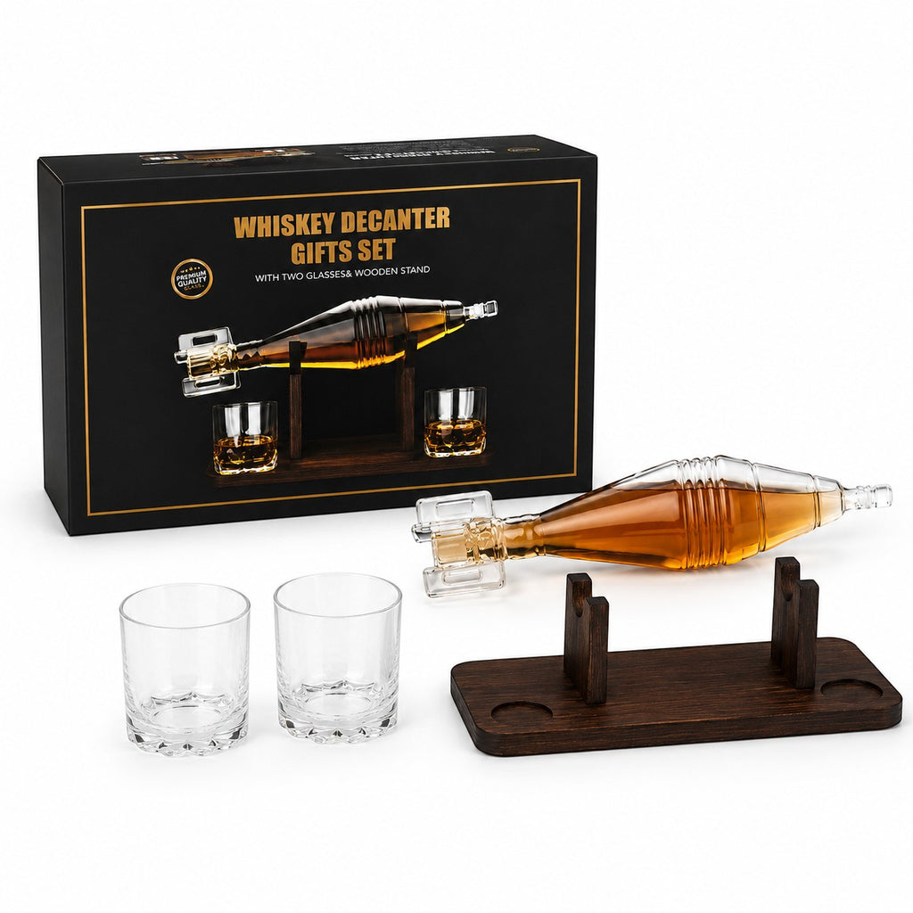 Tap2Own grenade-shaped glass whiskey decanter gift set with two glasses and wooden stand.