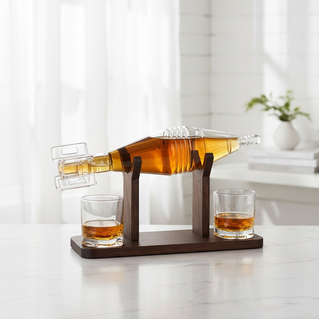 Tap2Own unique grenade-shaped glass whiskey decanter with two glasses on a wooden stand, filled with amber liquor.
