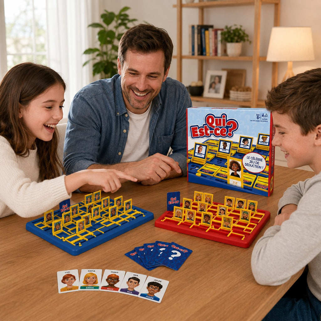 Tap2Own Guess Who? board game in play with a father and two children laughing and playing. The game features character cards and deduction boards.