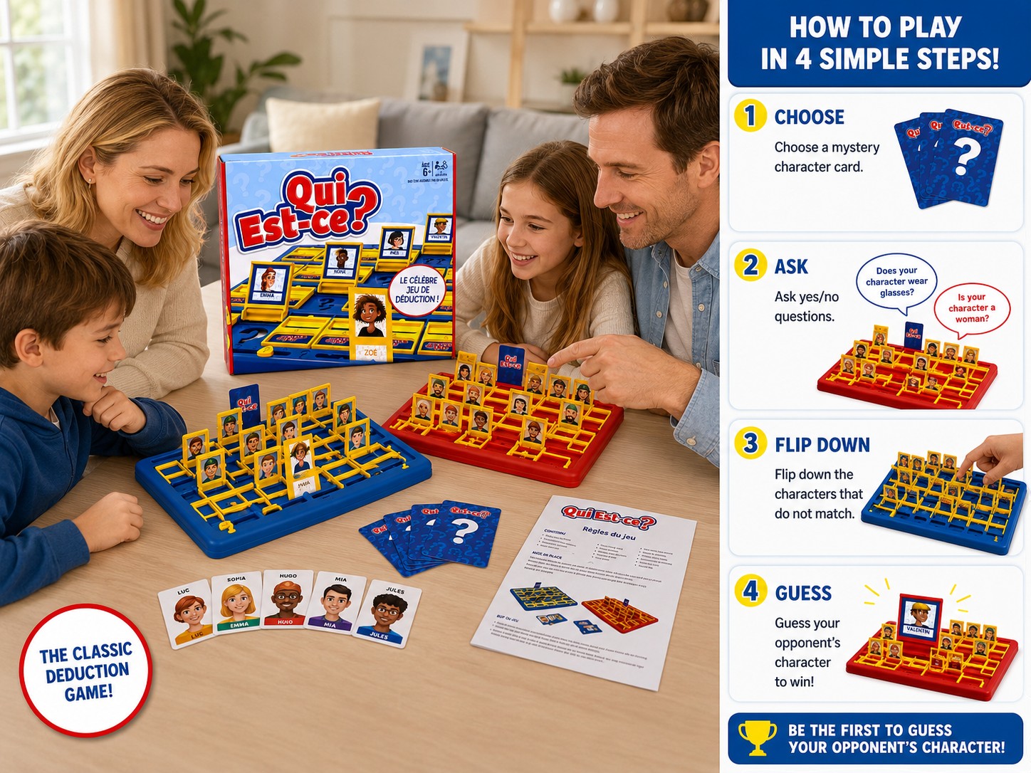 Tap2Own Guess Who? classic deduction board game with a family playing. Features colourful character cards and game boards.