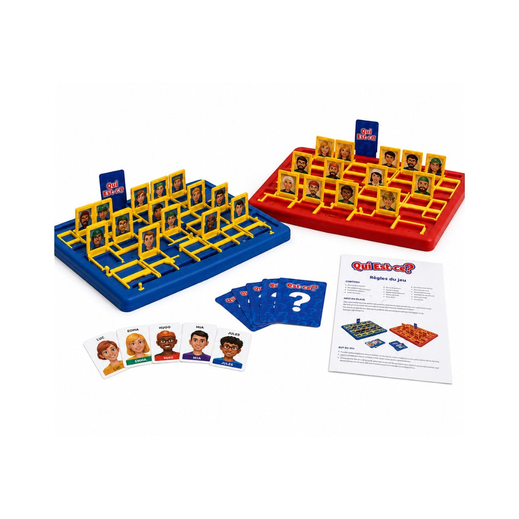 Tap2Own Guess Who? deduction board game with blue and red game boards, character cards, and instructions. For ages 6+.