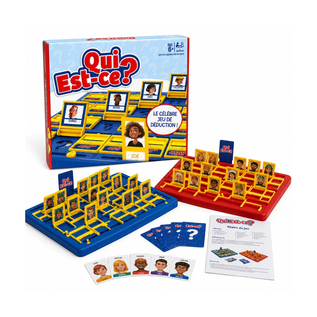 Tap2Own Guess Who? The Famous Deduction Game board game for ages 6+. Includes two game boards, character cards, and game rules.
