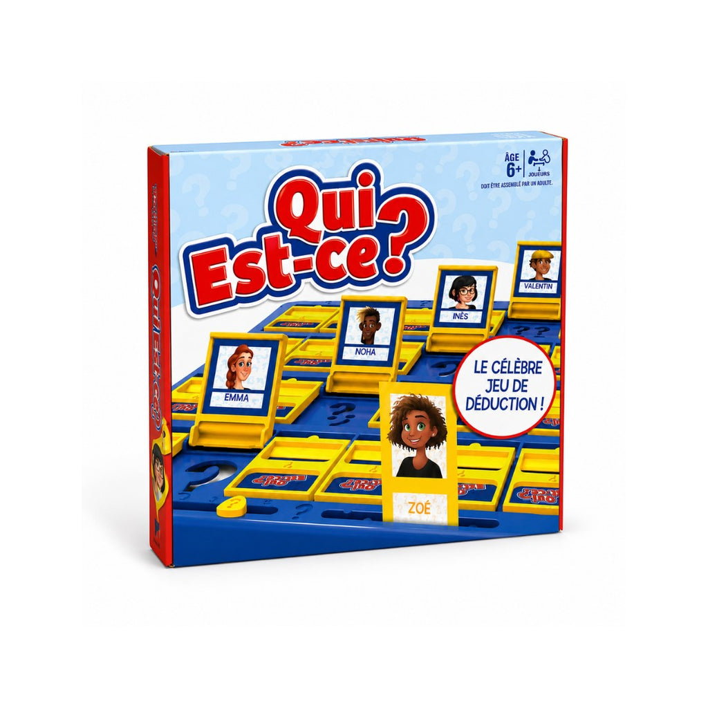 Tap2Own Guess Who? The Famous Deduction Game box. Features characters like Emma, Noha, Ines, Valentin, and Zoe. For ages 6+.