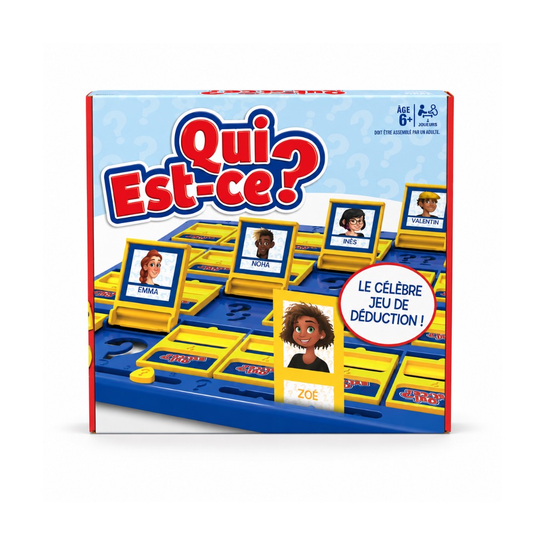Tap2Own Guess Who? The Famous Deduction Game box featuring characters like Emma, Noha, Ines, Valentin, and Zoe. For ages 6+.