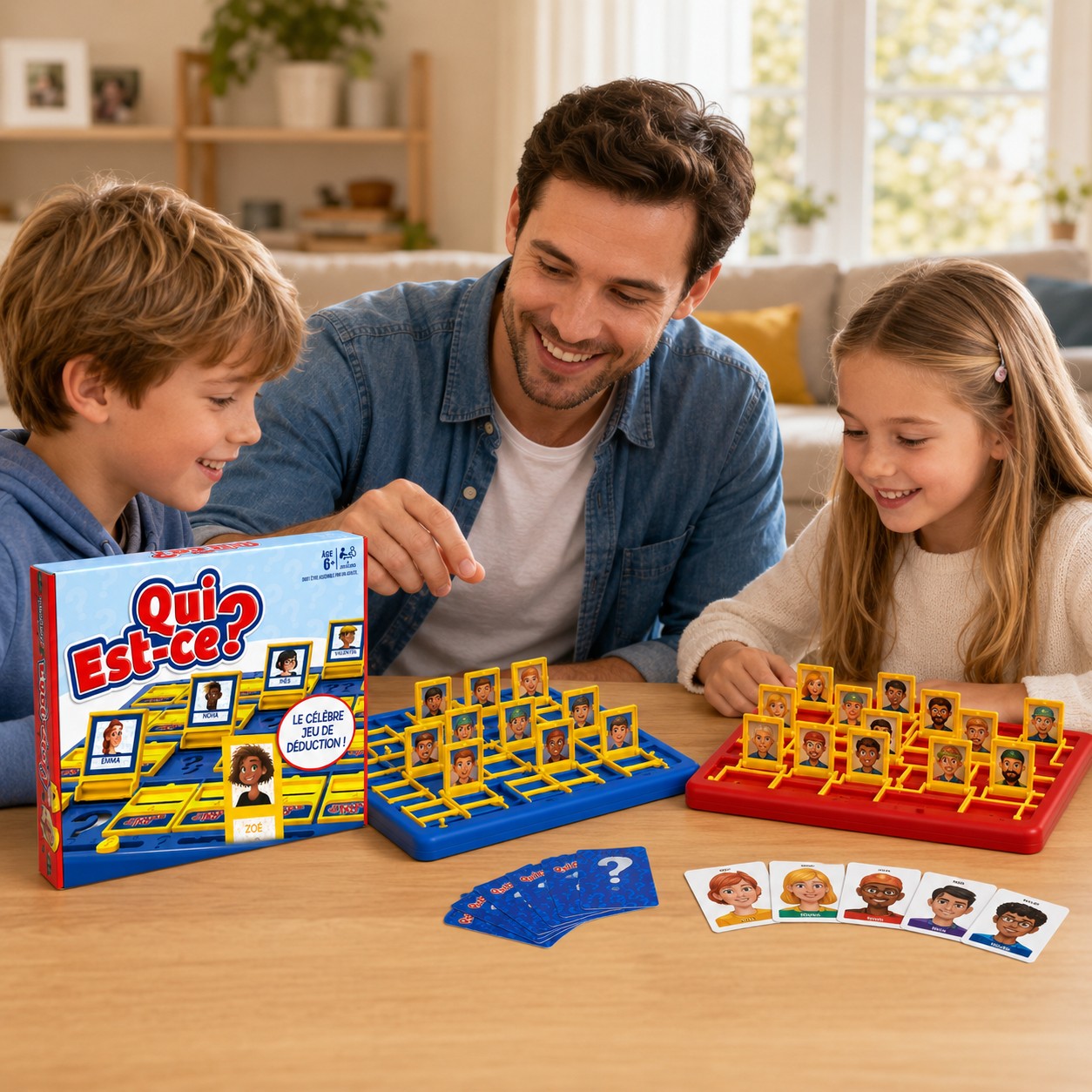 Tap2Own Guess Who? The Famous Deduction Game box and boards with a father and two children playing at a table. Features colourful character cards and game pieces.