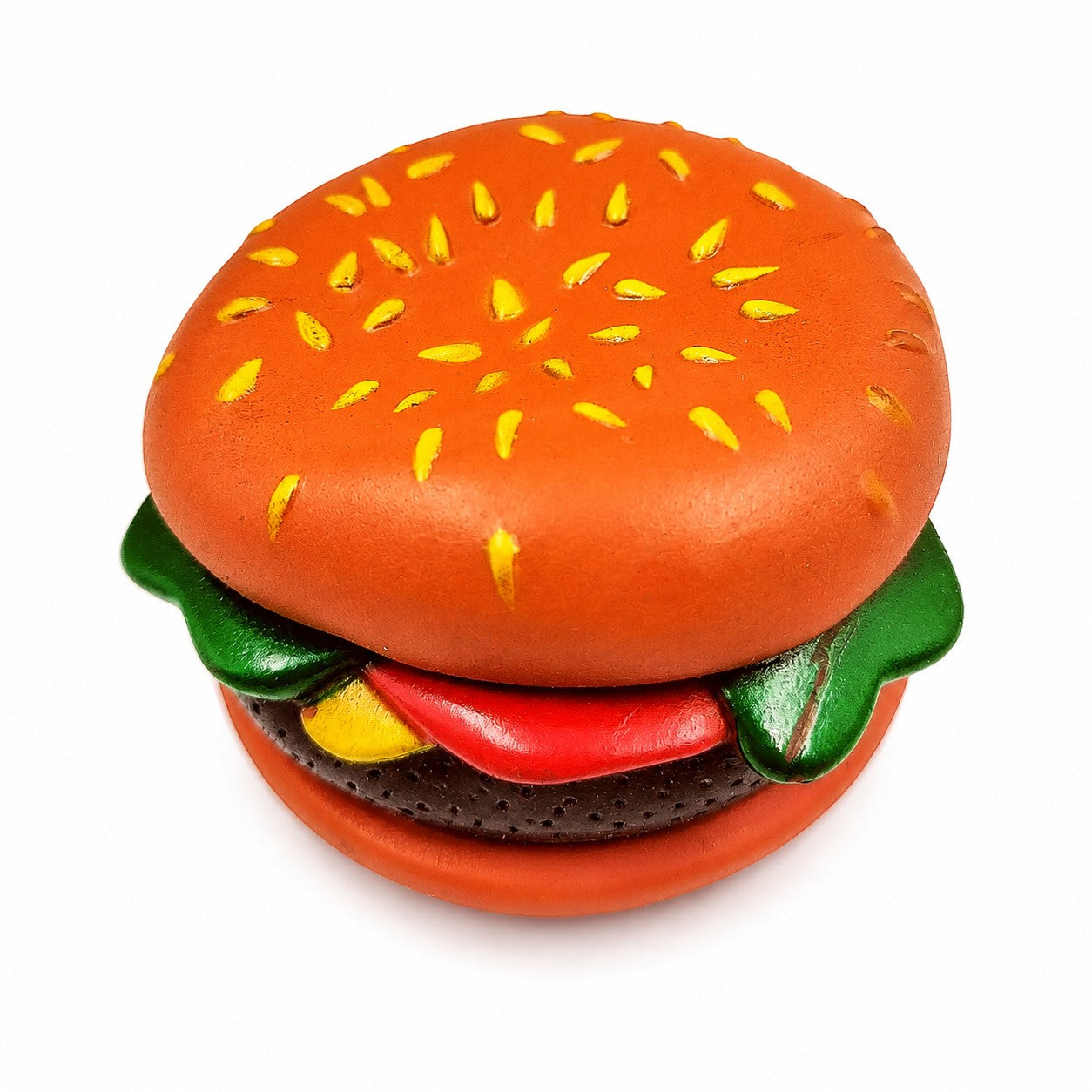Tap2Own Hamburger Dog Toy, a squeaky chew toy designed to look like a hamburger with orange bun, yellow seeds, green lettuce, red tomato, and brown patty.