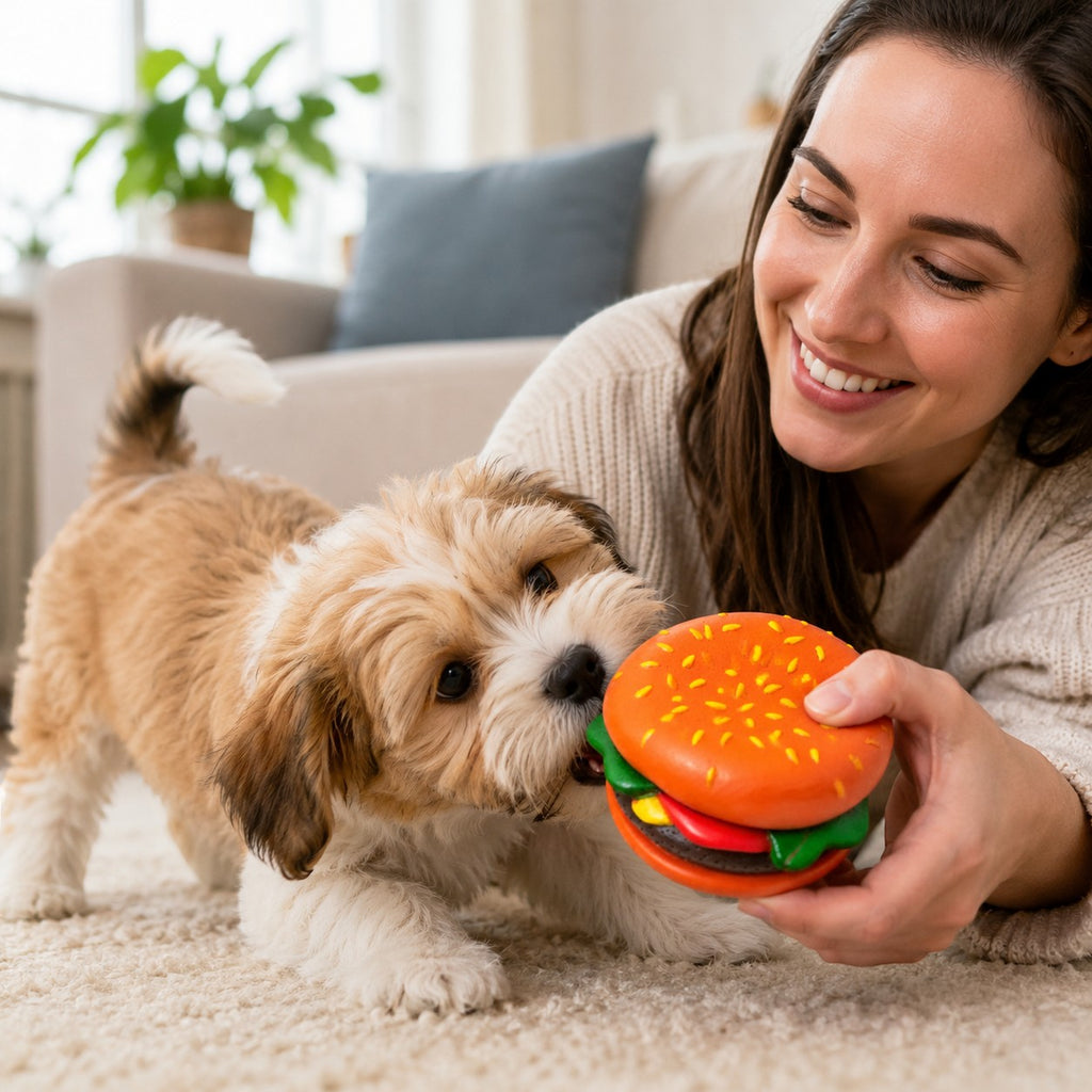 Tap2Own Hamburger Dog Toy, a squeaky chew toy for small to medium dogs, featuring orange bun, yellow seeds, green lettuce, red tomato, and brown patty.