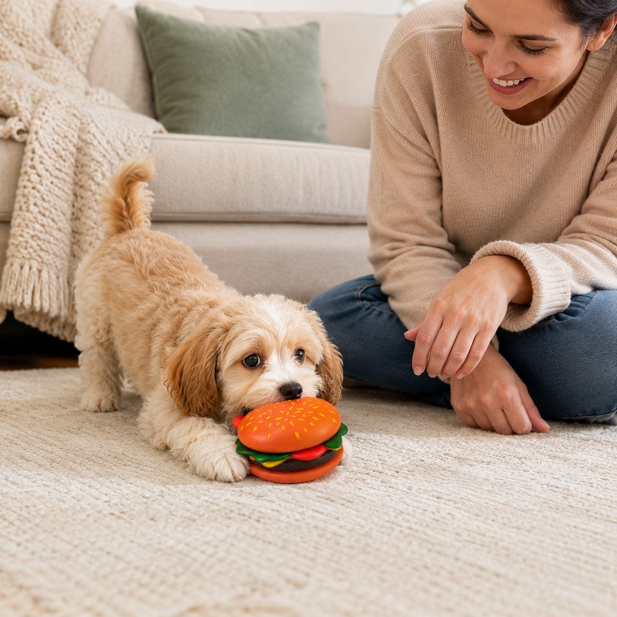 Tap2Own Hamburger Dog Toy, a squeaky plush toy designed for small to medium dogs, featuring a realistic burger design with orange bun, green lettuce, red tomato, and brown patty.