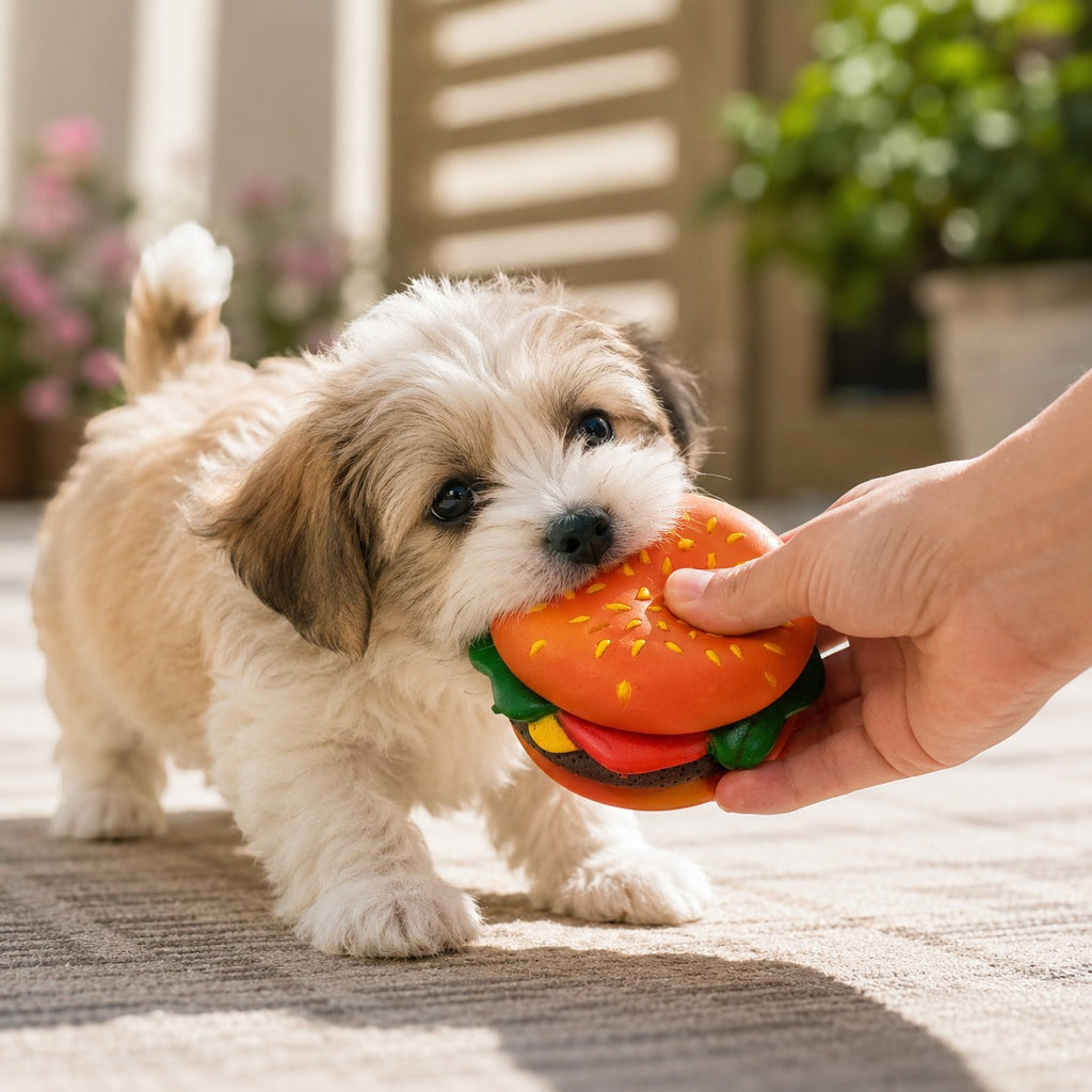 Tap2Own Hamburger Dog Toy, a squeaky plush toy designed to look like a hamburger with orange bun, yellow cheese, red tomato, and brown patty.