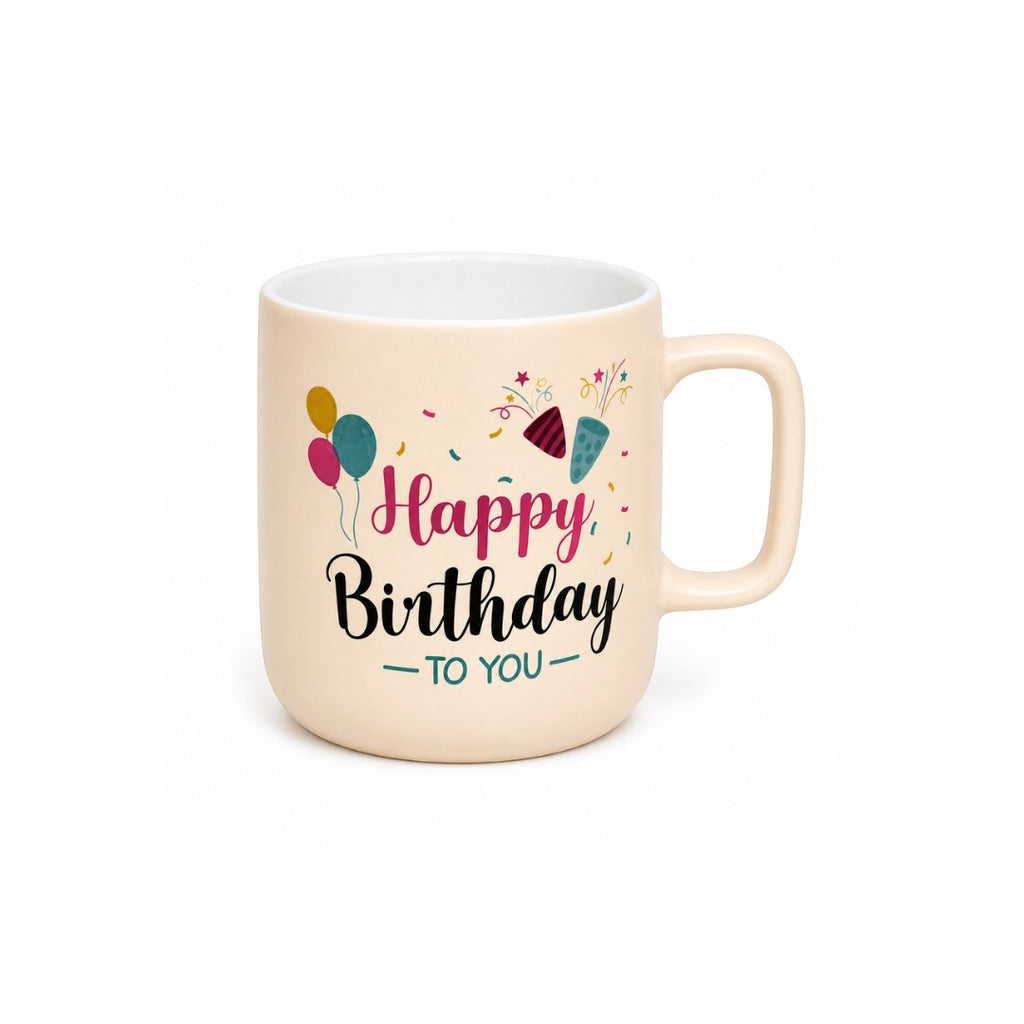 Tap2Own cream ceramic mug with "Happy Birthday To You" text, balloons, and party poppers. Ideal for coffee or tea.