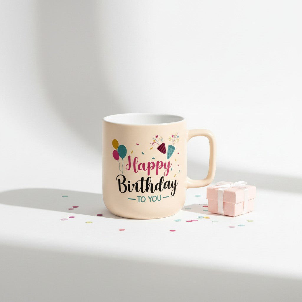 Tap2Own cream ceramic mug with "Happy Birthday To You" text, balloons, and confetti design. Perfect for coffee or tea.
