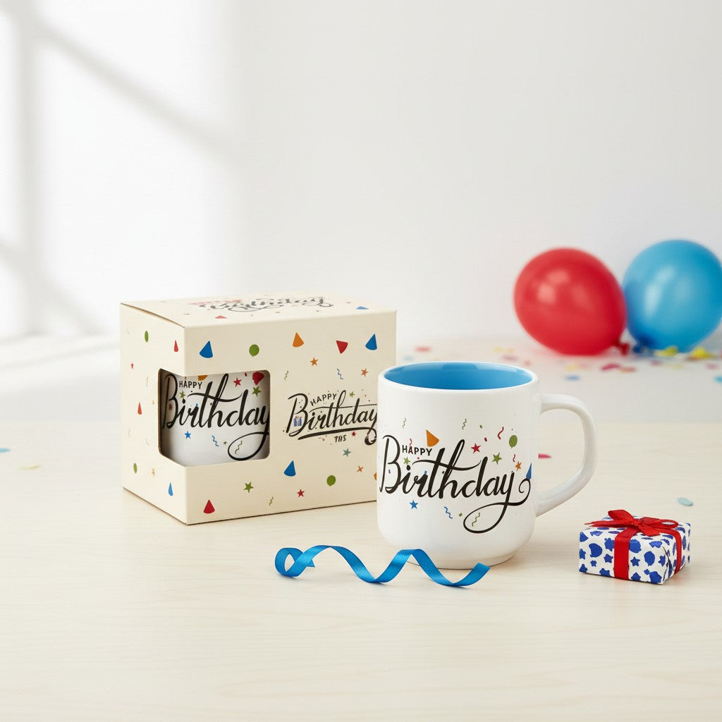 Tap2Own white ceramic mug with "Happy Birthday" text and colorful confetti details, light blue interior, with gift box and balloons.