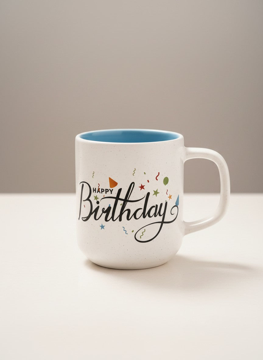 Tap2Own white ceramic mug with "Happy Birthday" in black script and colorful confetti details. Light blue interior.
