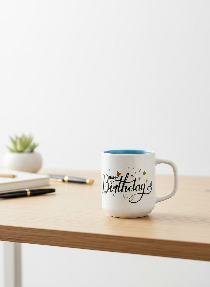 Tap2Own white ceramic mug with "Happy Birthday" text and colorful confetti design, light blue interior.