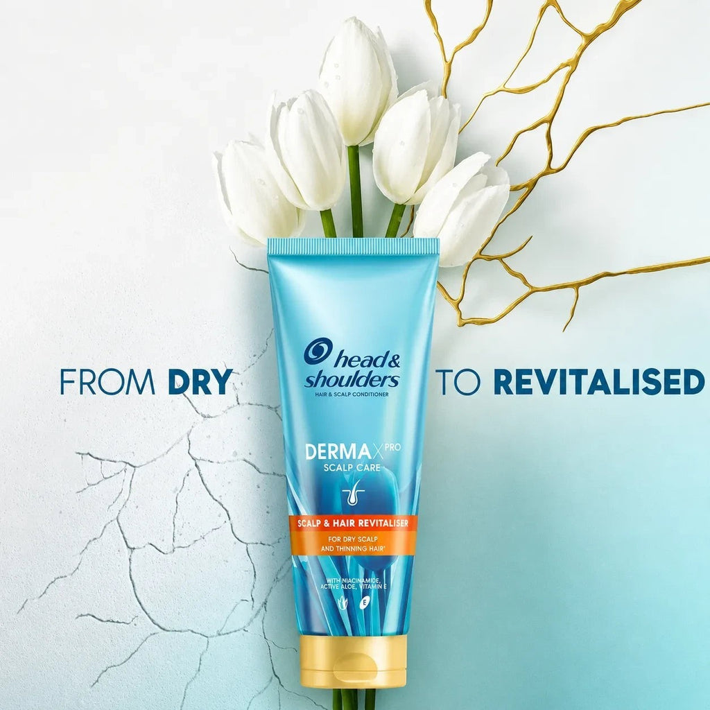 Tap2Own Head & Shoulders DermaX Pro scalp and hair revitaliser conditioner tube with white tulips on blue background