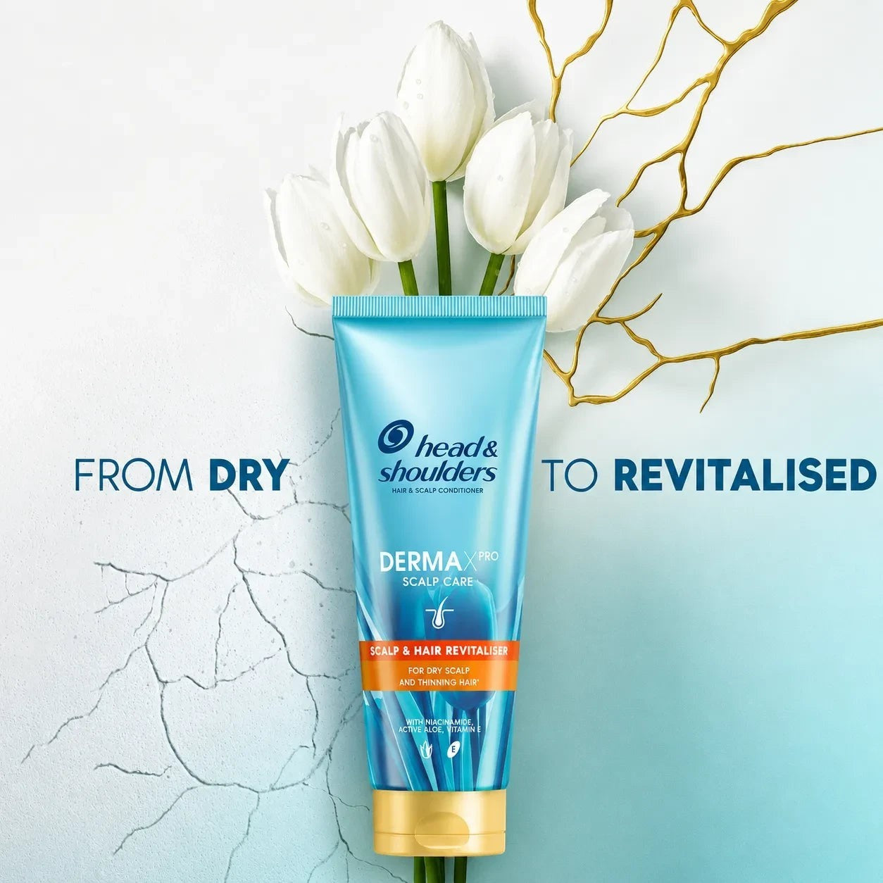 Tap2Own Head & Shoulders DermaX Pro scalp and hair revitaliser conditioner tube with white tulips on blue background