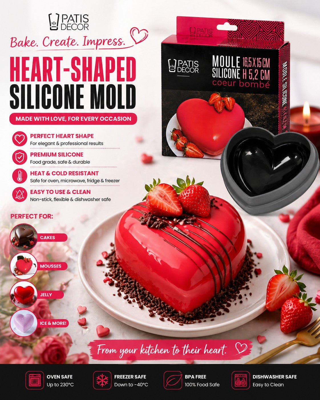 Tap2Own red heart-shaped silicone baking mold, perfect for cakes, mousses, and jellies. Features premium, food-grade silicone, heat & cold resistant, and non-stick.