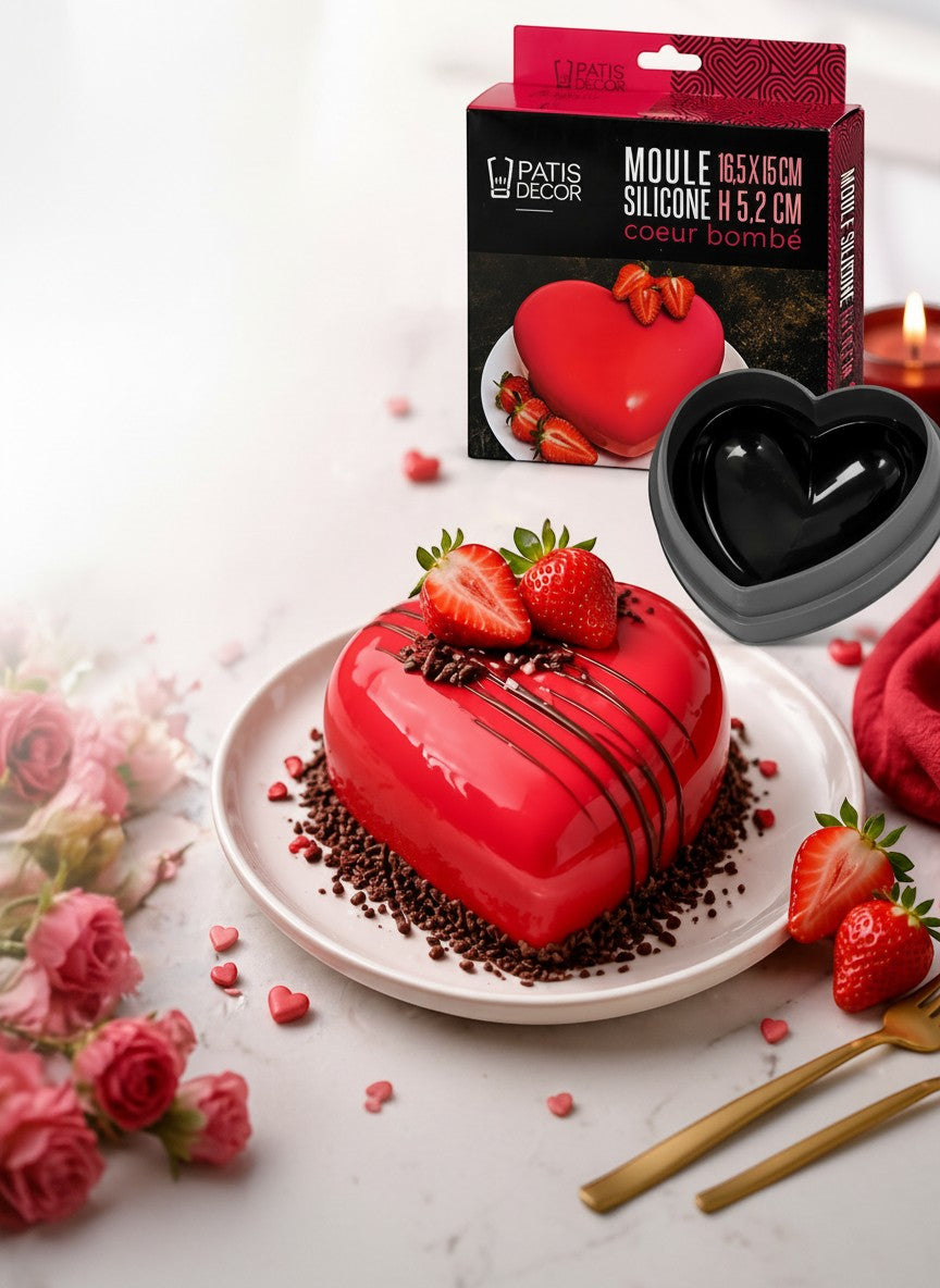 Tap2Own red silicone heart-shaped baking mold, perfect for cakes and desserts. Includes a finished cake.