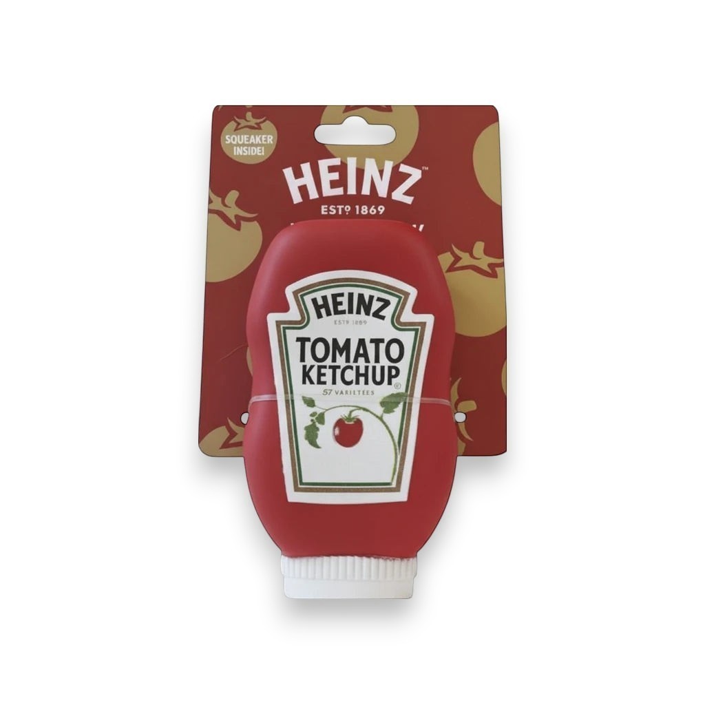 Tap2Own Heinz Tomato Ketchup Squeeze Bottle Dog Toy with squeaker inside. Red bottle with white cap and iconic label.