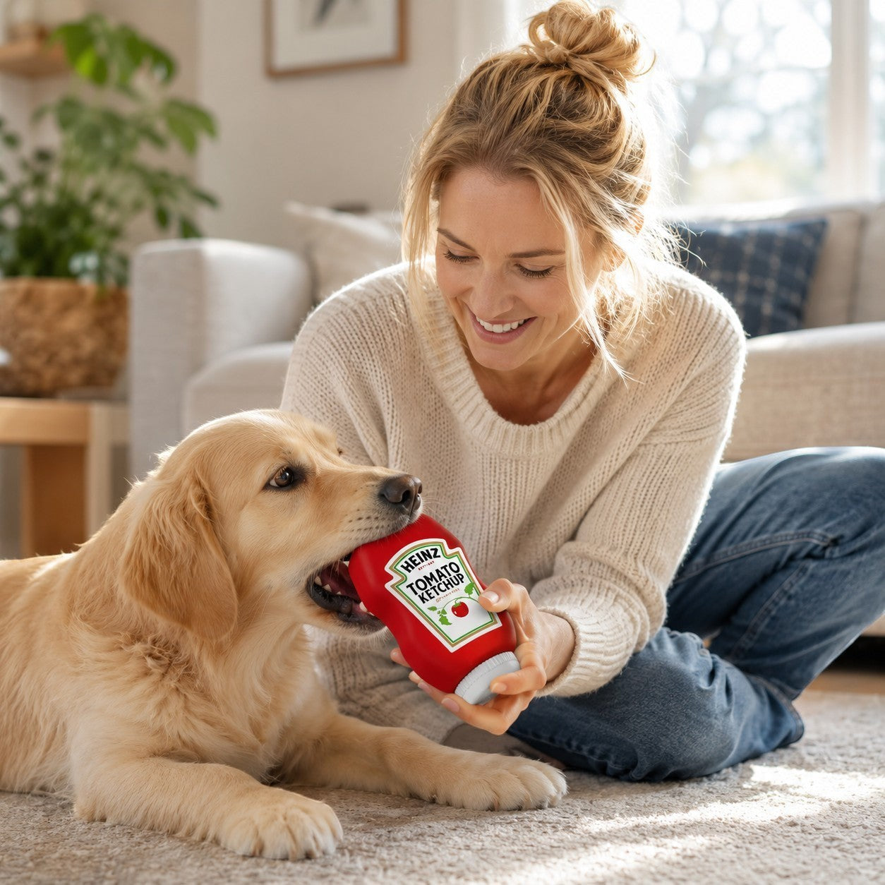 Tap2Own Heinz Tomato Ketchup Squeeze Bottle Dog Toy, a red bottle with iconic label, being chewed by a golden retriever.