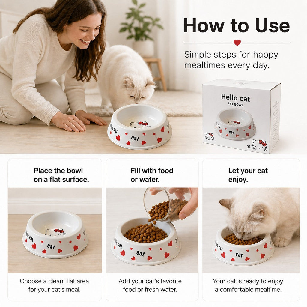 Tap2Own white ceramic cat bowl with red hearts and Hello Kitty face, perfect for cats.