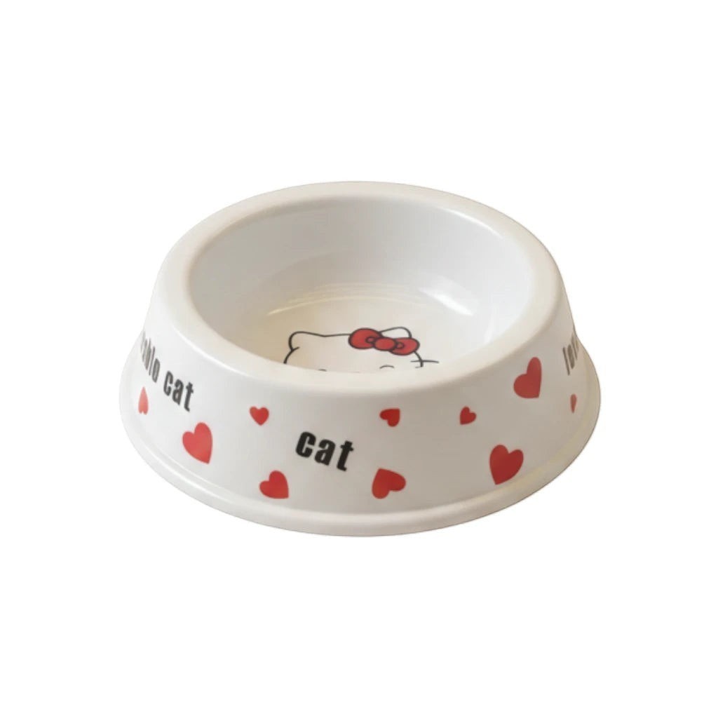 Tap2Own white ceramic cat bowl with red hearts and Hello Kitty face design. Perfect for food or water.