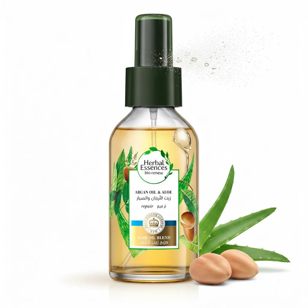 Tap2Own Herbal Essences bio:renew Argan Oil and Aloe hair oil spray bottle with botanical ingredients