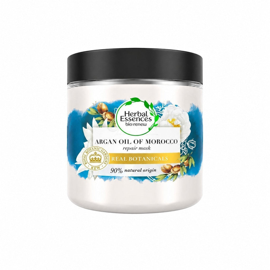 Tap2Own Herbal Essences Argan Oil of Morocco hair repair mask in a white jar with a black lid and botanical label.