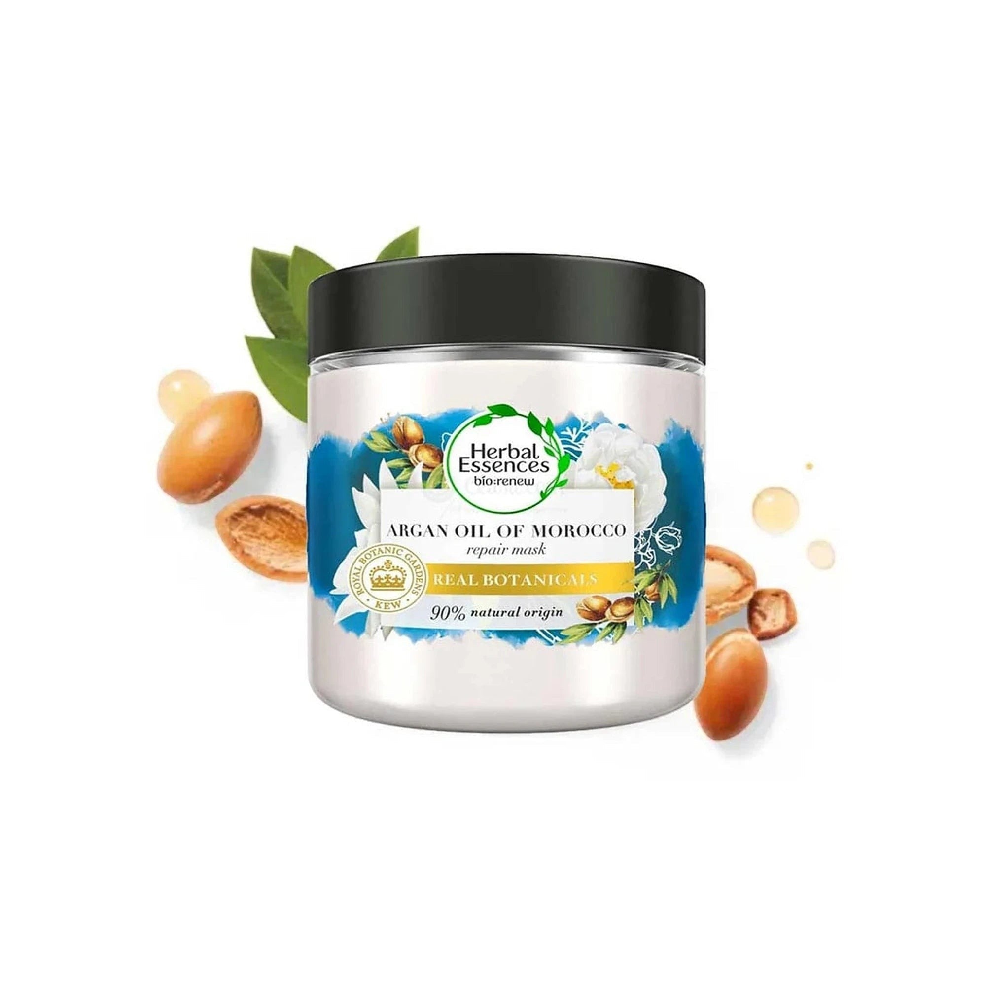 Tap2Own Herbal Essences Argan Oil of Morocco hair repair mask jar with botanical illustrations and argan nuts
