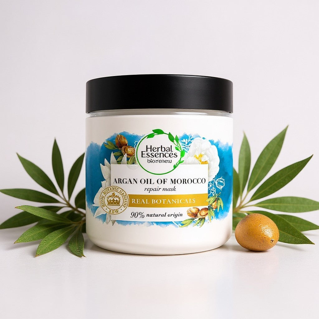 Tap2Own Herbal Essences Argan Oil of Morocco hair repair mask in a white jar with botanical illustrations