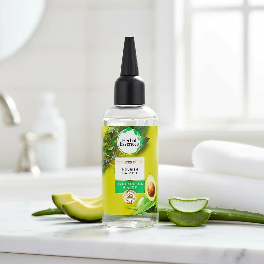 Tap2Own Herbal Essences Nourish Hair Oil with avocado and aloe on a marble bathroom counter