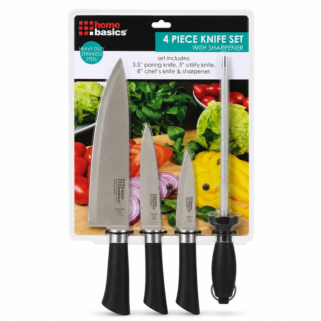 Tap2Own Home Basics 4-piece stainless steel knife set with paring, utility, chef's knives and sharpener.