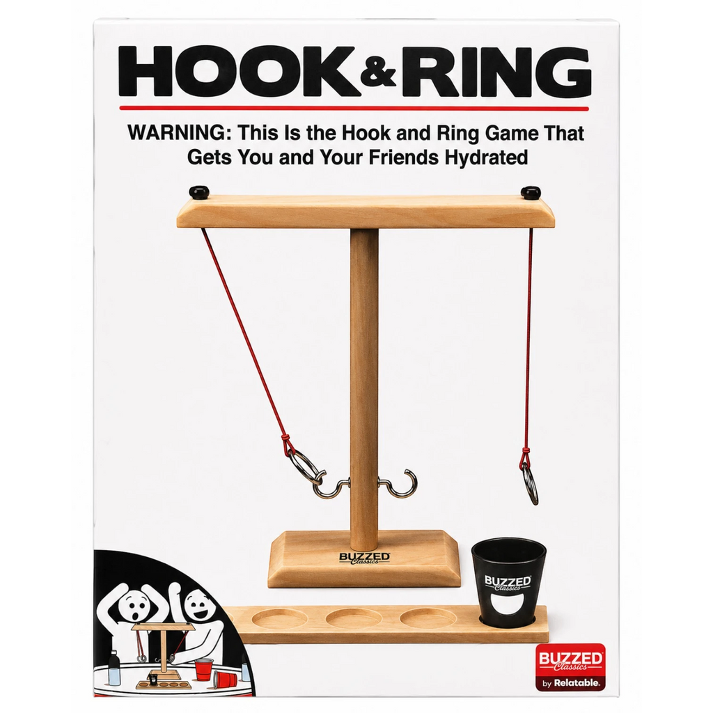Tap2Own Hook & Ring wooden tabletop game set with two rings, hooks, and a shot glass for parties and game nights.