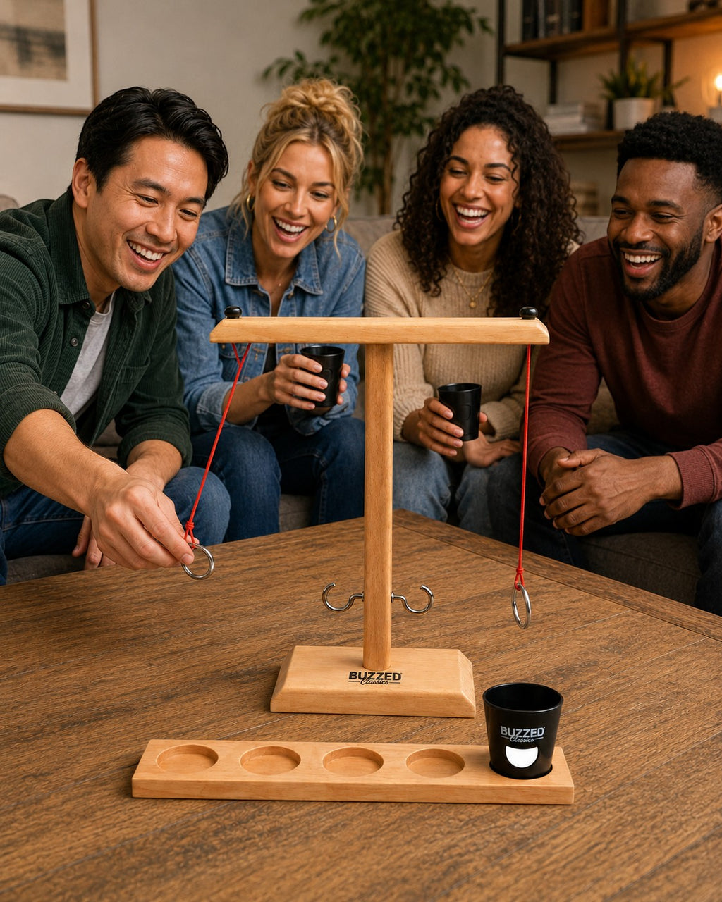 Tap2Own wooden Hook & Ring game being played by a group of friends laughing around a coffee table during a game night.