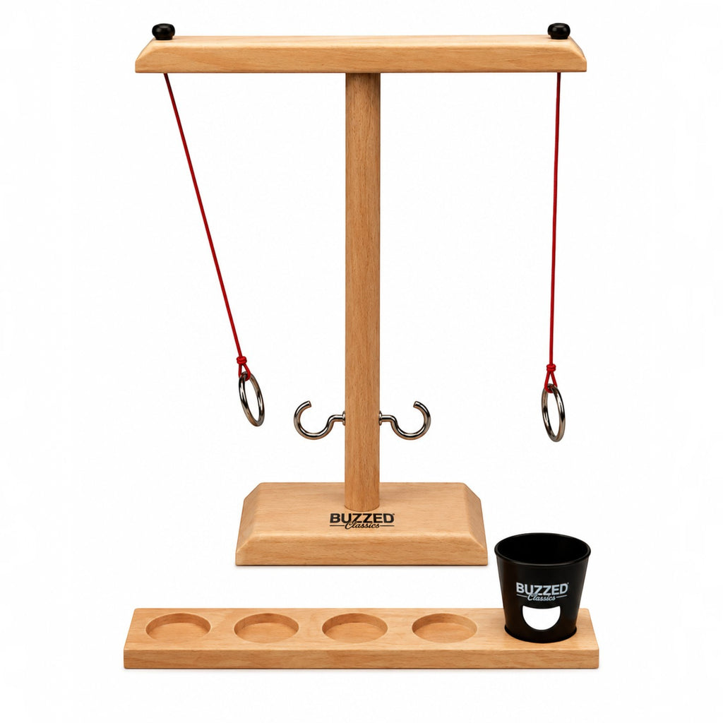 Tap2Own wooden hook and ring toss game with two red strings, metal rings, and a shot glass serving tray.
