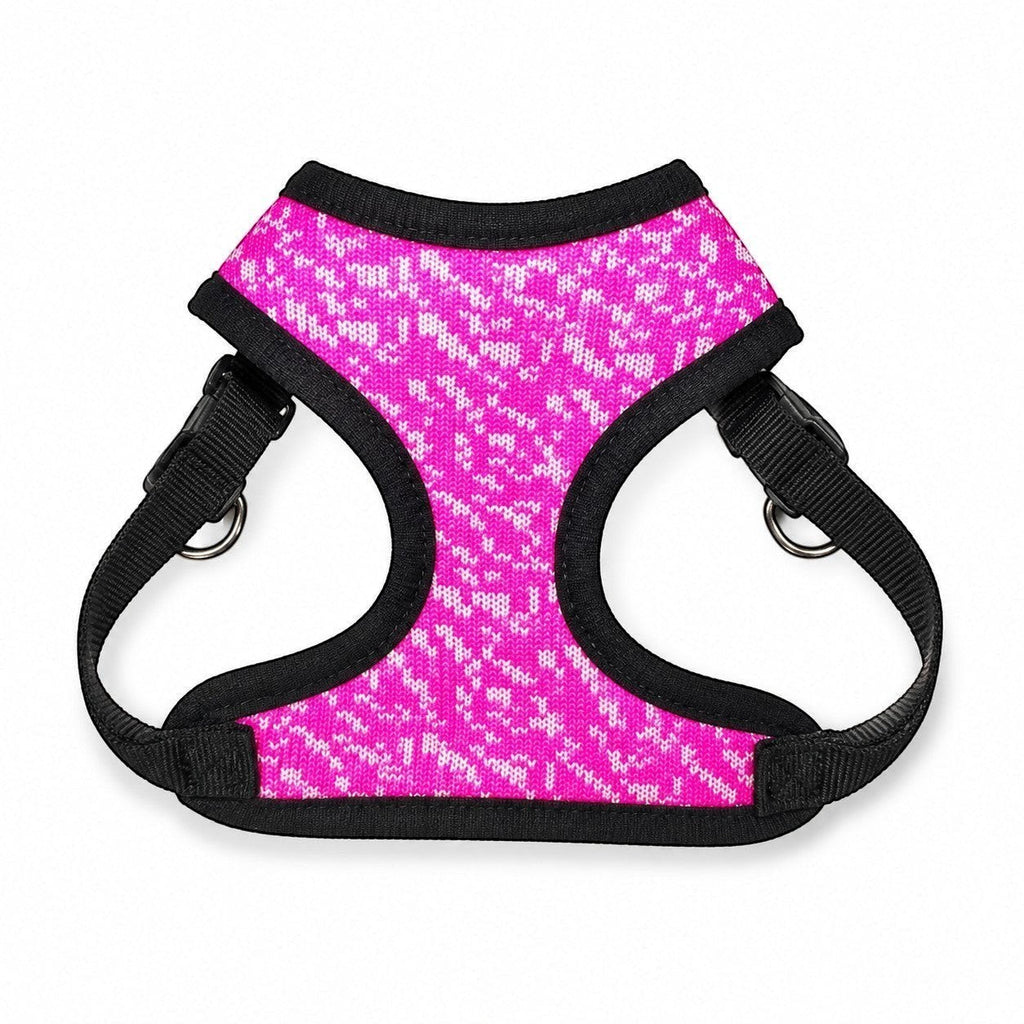 Tap2Own hot pink knit dog harness with white abstract pattern and black trim. Features adjustable straps and D-ring.