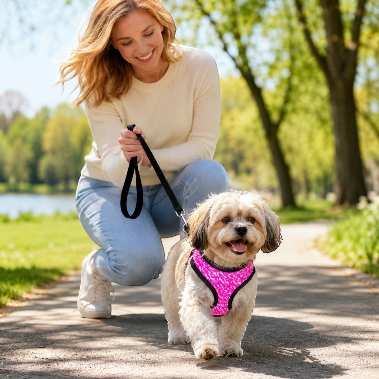 Tap2Own hot pink textured knit dog harness on a small dog walking in a park with a woman.