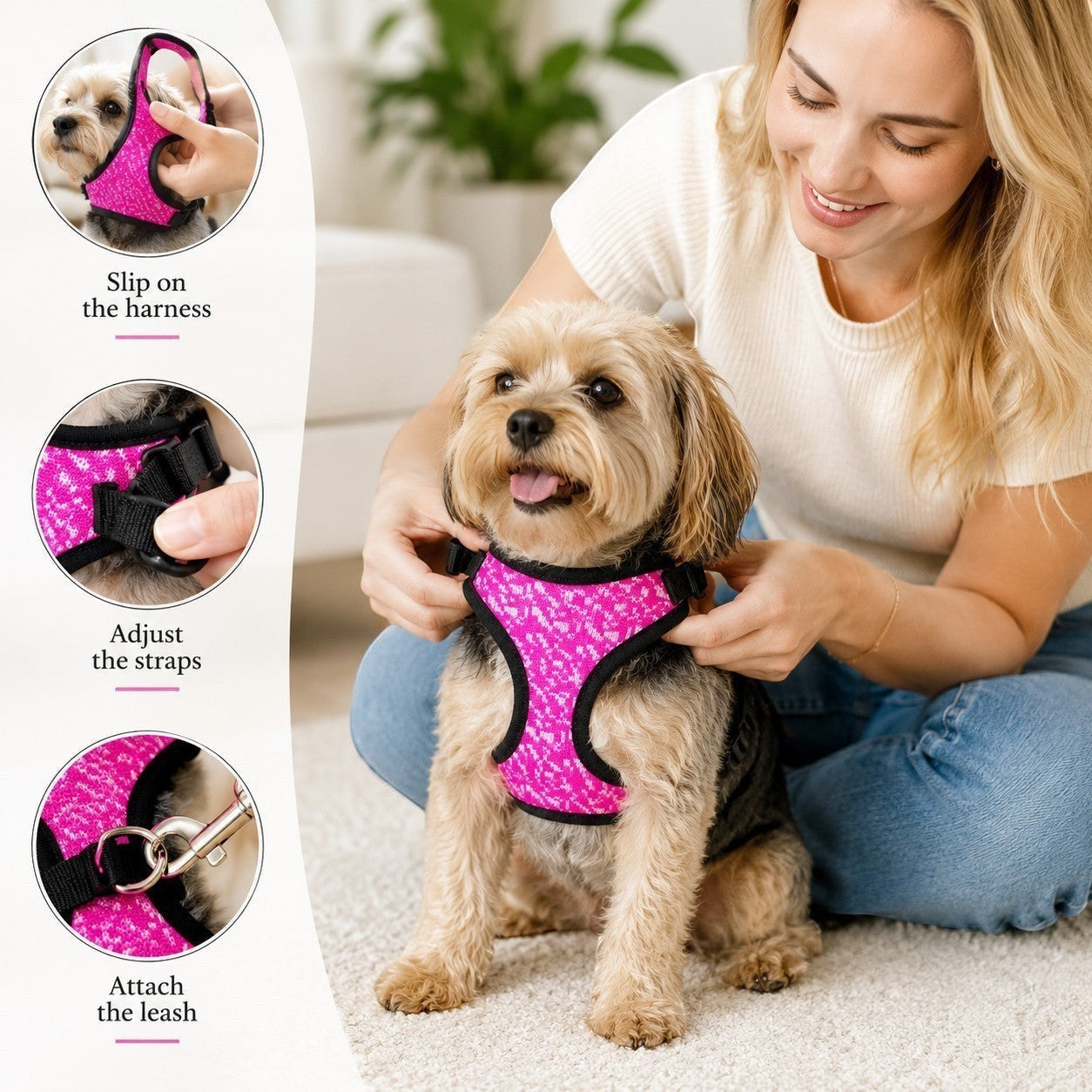Tap2Own hot pink knit dog harness with textured pattern, adjustable straps, and D-ring for leash attachment. Small dog shown.