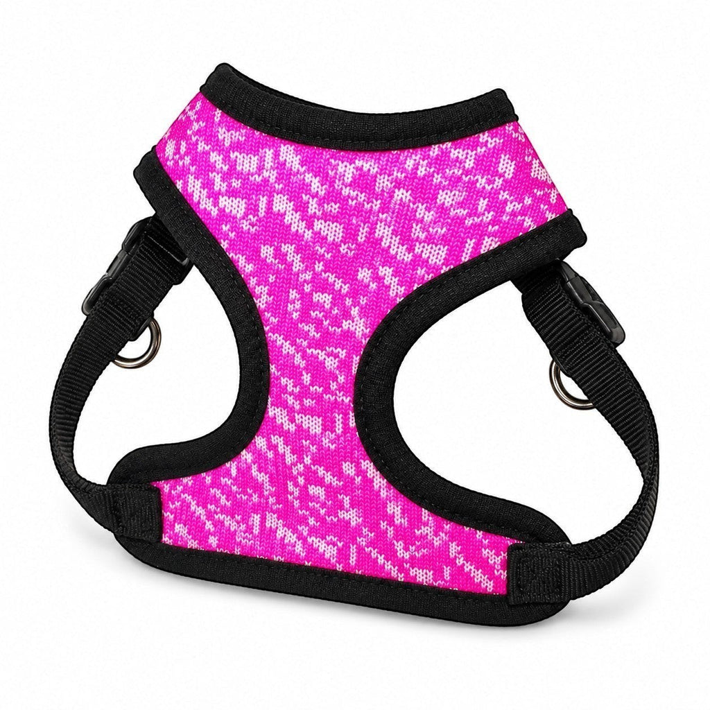 Tap2Own hot pink knit dog harness with white textured pattern and black trim. Adjustable straps and D-ring.