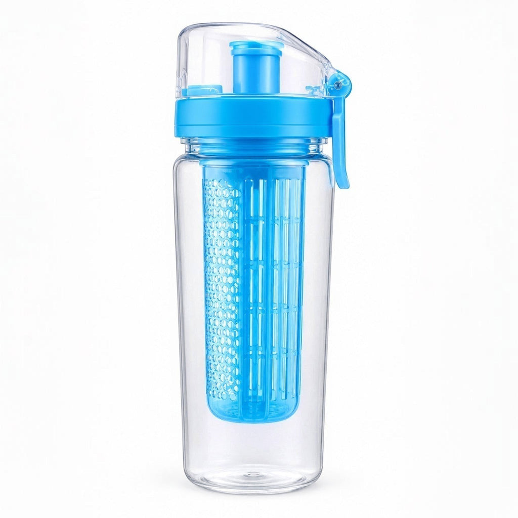 Tap2Own blue and clear BPA-free plastic infuser water bottle with removable fruit basket and leak-proof lid.