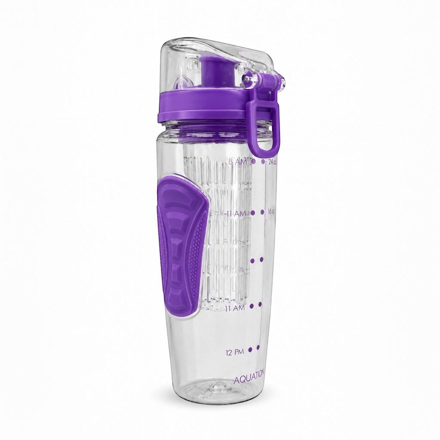 Tap2Own clear plastic infuser water bottle with purple lid and handle, featuring a removable fruit basket and time markers.