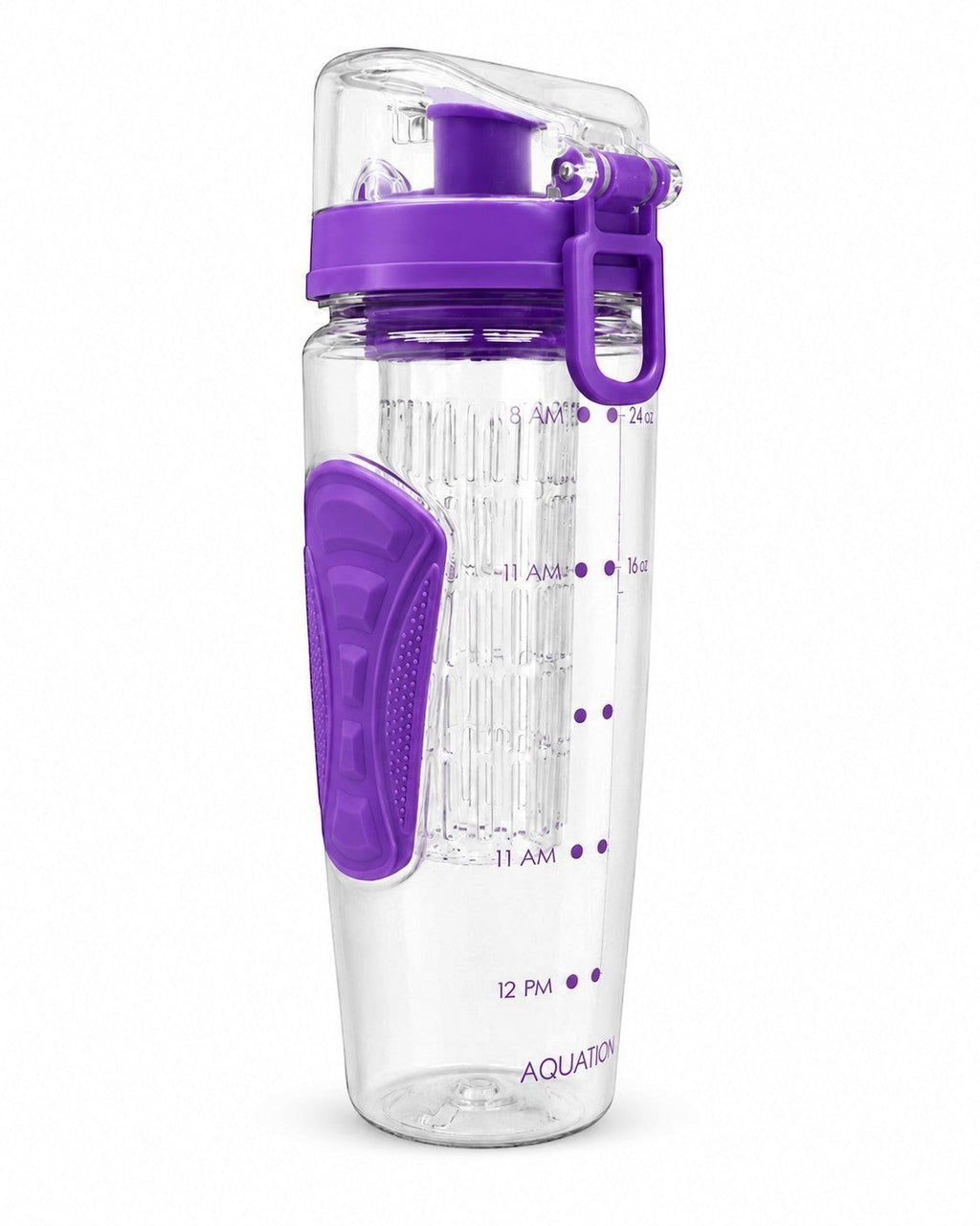 Tap2Own clear plastic infuser water bottle with purple lid and handle, featuring a removable fruit basket and time markers.