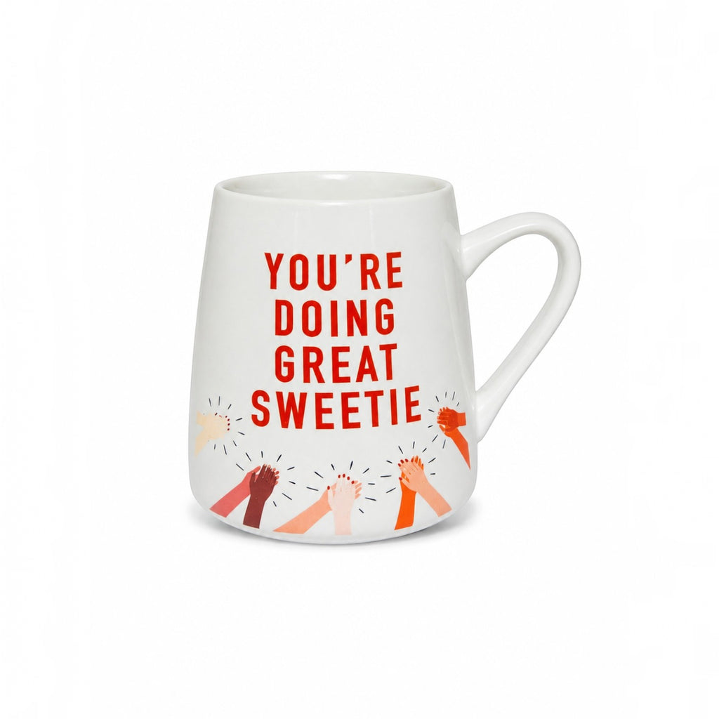 Tap2Own white ceramic coffee mug with You're Doing Great Sweetie text and colorful clapping hands illustration.