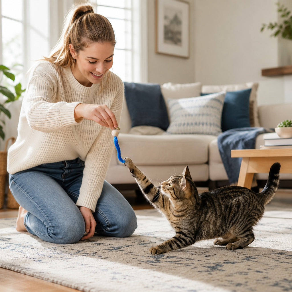 Tap2Own interactive cat wand toy with wooden ball and blue chenille tail, a cat is playfully batting at it.